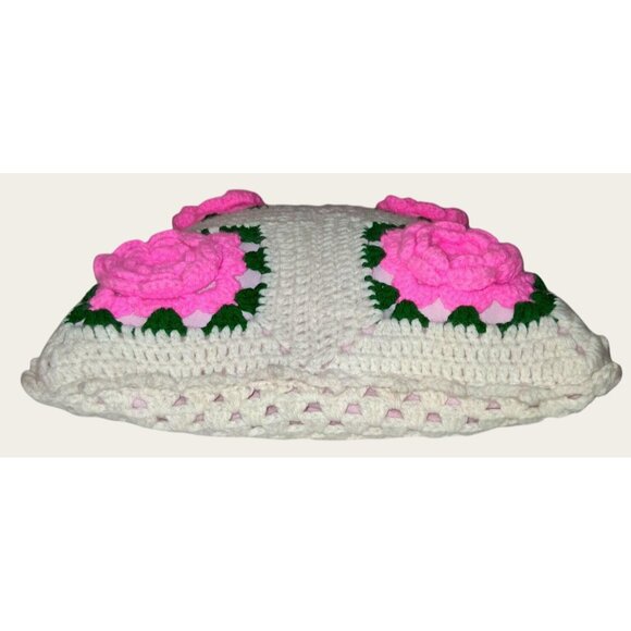 Vintage Handmade Crochet Pillow With Pink Roses 16x16 - Picture 9 of 10